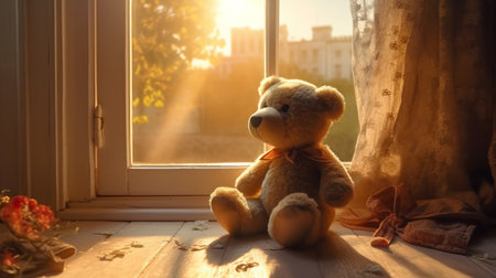 Teddy bear sits on the windowsill. Generative AIの素材