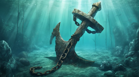 Big iron anchor at the bottom of the ocean. Generative AIの素材