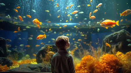 Boy watching fish in the aquarium. Generative AIの素材