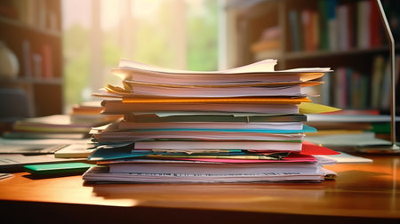 Close-up office desk with an organized stack of papers. Generative AIの素材