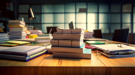 Close-up office desk with an organized stack of papers. Generative AIの素材