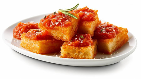Crispy garlic bread with marinara sauce isolated on white background. Generative AIの素材