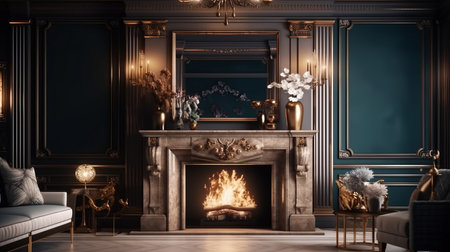 Fireplace in luxury home interior design close. Generative AIの素材