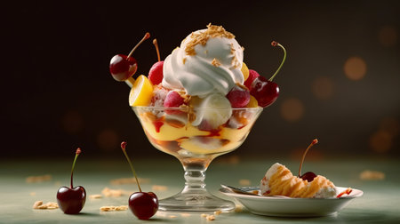Ice cream sundae with vanilla ice cream. Generative AIの素材
