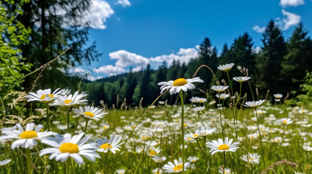 Meadow with a large number of spring daisies. Generative AIの素材