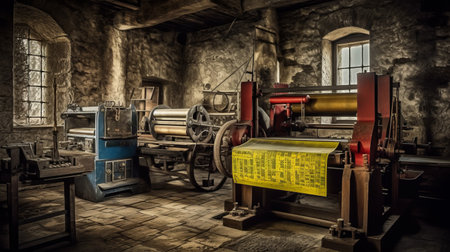 Printing press with ink rollers. Generative AIの素材