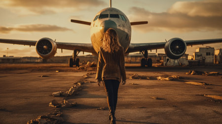 Rear view of a woman walking in an airplane. Generative AIの素材