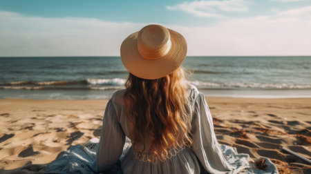 Rear view of a beautiful woman sitting on the beach. Generative AIの素材