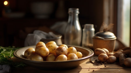 Boiled new potatoes in a plate on the kitchen table. Generative AIの素材