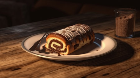 Chocolate roll in a plate on a wooden table. Generative AIの素材
