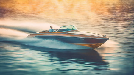 Fast moving motor boat in the lake or river. Generative AIの素材