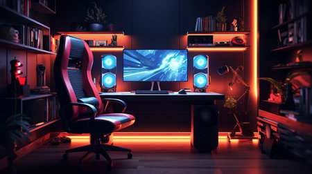 Gamer setup computer and gamer chair. Generative AIの素材