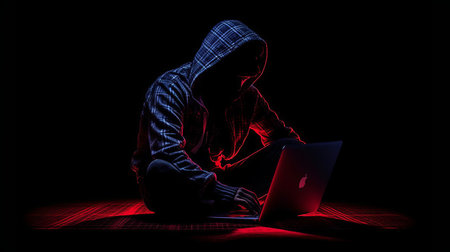 Hacker in the hood silhouette in the dark. Generative AIの素材