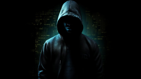 Hacker in the hood silhouette in the dark. Generative AIの素材