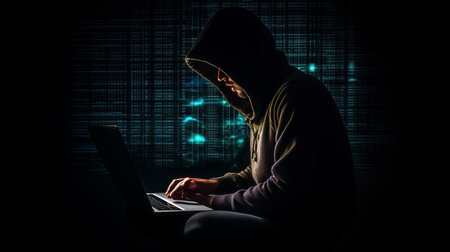 Hacker in the hood silhouette in the dark. Generative AIの素材