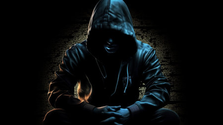 Hacker in the hood silhouette in the dark. Generative AIの素材