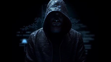Hacker in the hood silhouette in the dark. Generative AIの素材