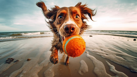 Happy dog at beach with ball. Generative AIの素材