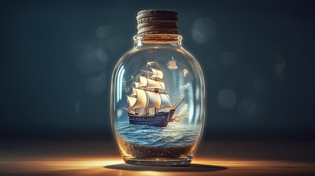 Ship inside a glass bottle. Generative AIの素材