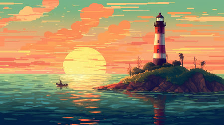 Landscape with lighthouse illustration. Generative AIの素材
