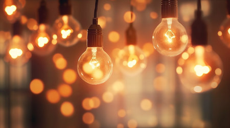 Light bulbs hanging with bokeh background. Generative AIの素材