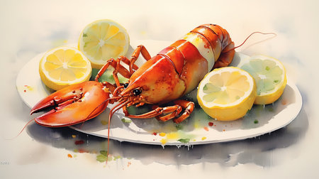 lobster with lemon on a white plate. Generative AIの素材