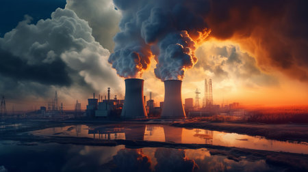 Nuclear power plant smoke clouds. Generative AIの素材