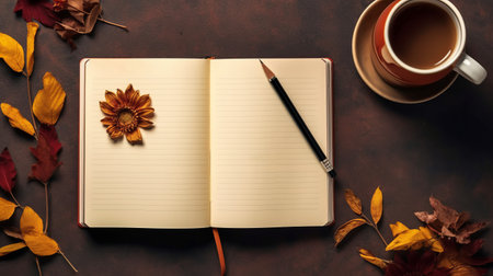 Open notebook with empty page and coffee cup. Generative AIの素材