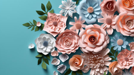 Paper flowers on pastel background. Generative AIの素材