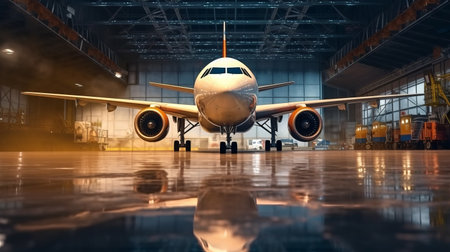 Passanger modern aircraft in the hangar. Generative AIの素材
