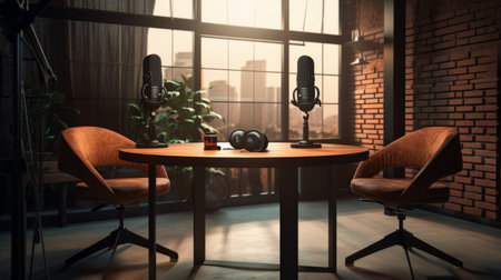 Podcast room with chairs and table. Pigeon isolated on white background. Generative AIの素材