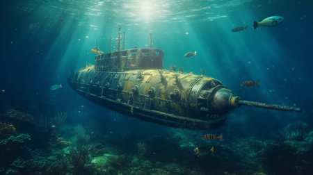 Submarine underwater with sun rays. Generative AIの素材