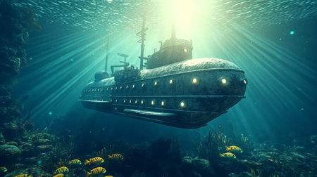 Submarine underwater with sun rays. Generative AIの素材