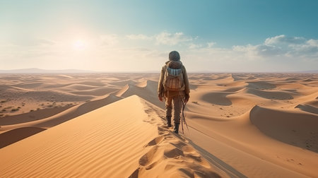 The traveler stands and contemplates the sandy desert. Generative AIの素材