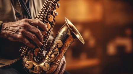 Unrecognizable man playing the saxophone. Generative AIの素材