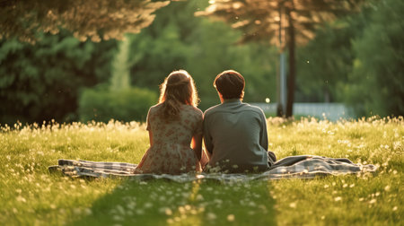 Young couple sitting on a lawn in the park back view. Generative AIの素材