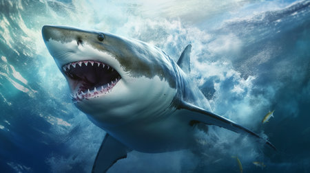A big white shark in the sea under the water. Generative AIの素材
