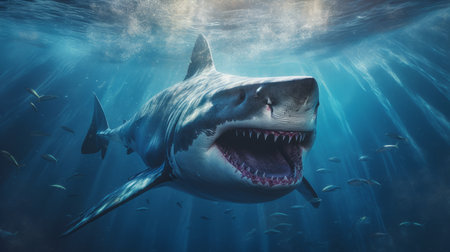 A big white shark in the sea under the water. Generative AIの素材