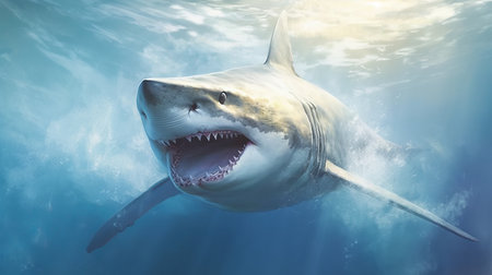 A big white shark in the sea under the water. Generative AIの素材