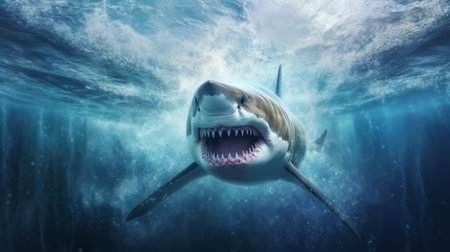 A big white shark in the sea under the water. Generative AIの素材