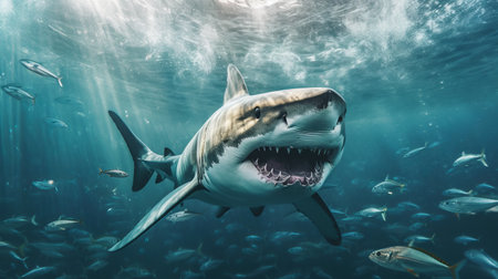 A big white shark in the sea under the water. Generative AIの素材