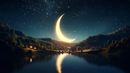 Night scene with a crescent moon and stars. Generative AIの素材