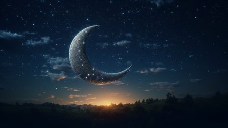 Night scene with a crescent moon and stars. Generative AIの素材