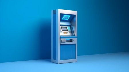 Bank ATM on blue Wall. Generative AIの素材