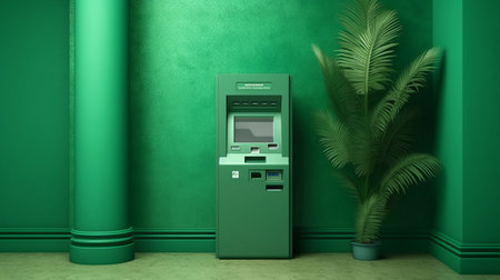 Bank ATM on green Wall. Generative AIの素材