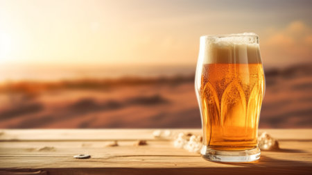 Beer on wooden table with blurred beach background. Generative AIの素材