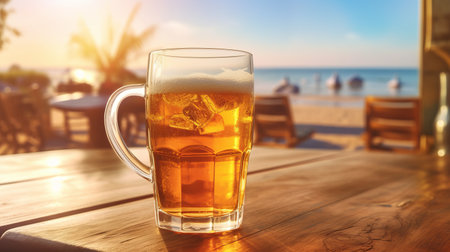 Beer on wooden table with blurred beach background. Generative AIの素材