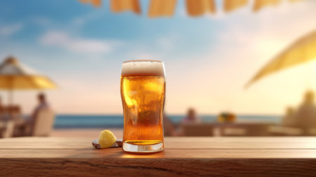 Beer on wooden table with blurred beach background. Generative AIの素材