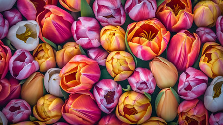Blooming multicolored dutch tulips frome top view. Generative AIの素材