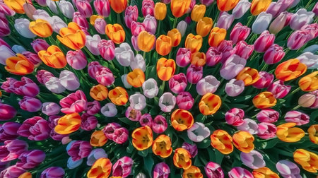 Blooming multicolored dutch tulips frome top view. Generative AIの素材